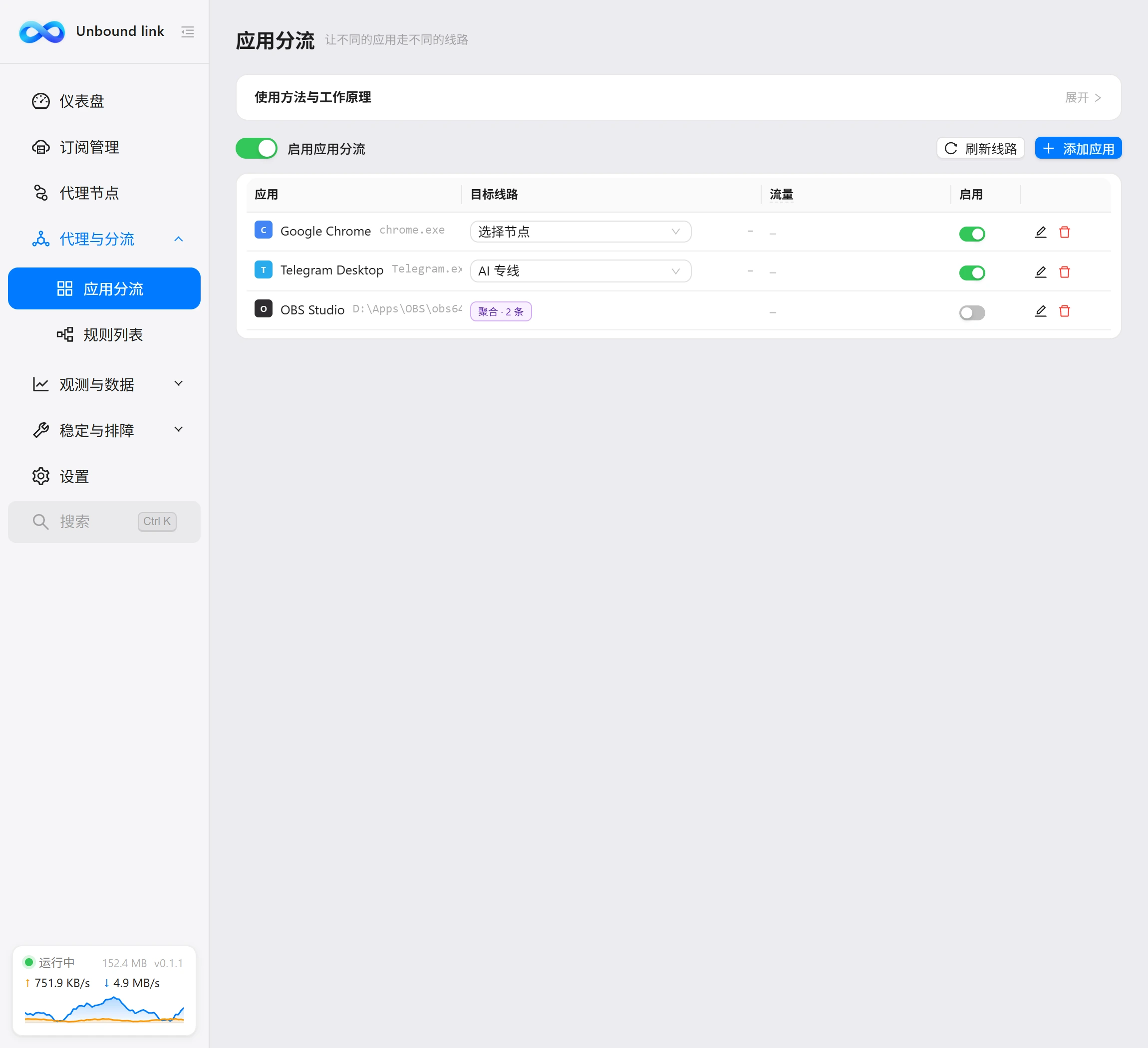 应用分流：应用与目标线路的绑定列表