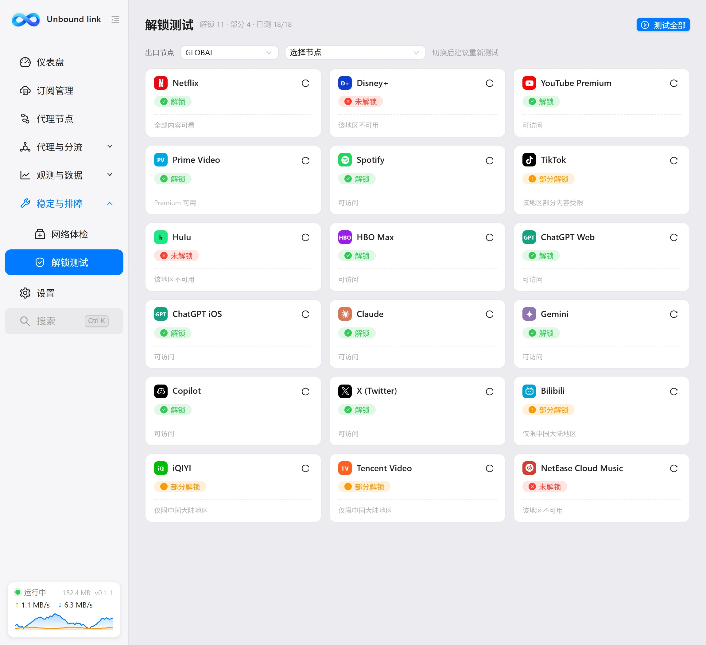 解锁测试页面：流媒体与 AI 服务检测结果
